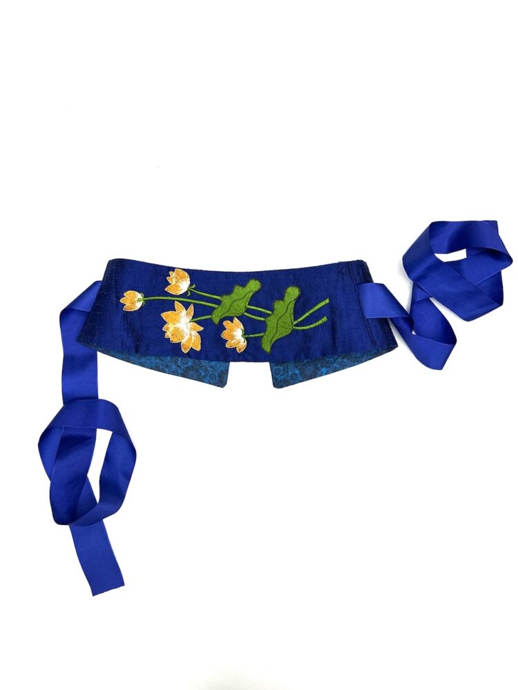 Blue silk Obi belt embroidered